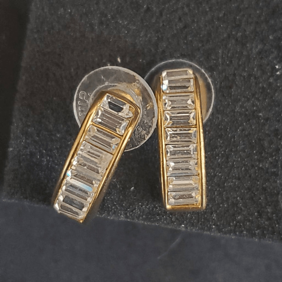 Swarovski Semi-curved Earrings with Channel Set Crystals Gold Plated Swan Signed - Picture 2 of 7